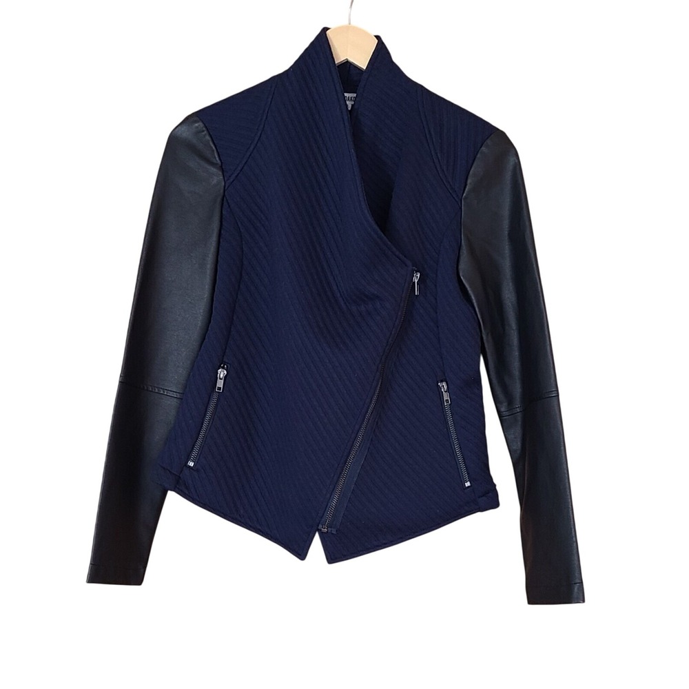BB DAKOTA Navy and Black Asymmetrical Faux Leather Jacket‎ Women's Size XS